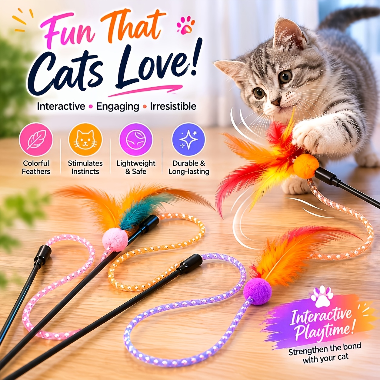 TEMU 2pcs Set Of Colored Feather Cat Wands, Random Colors, Soft Plush Balls And Shiny Ribbons For Interactive Cat Toys, Rods, Suitable For Kitten