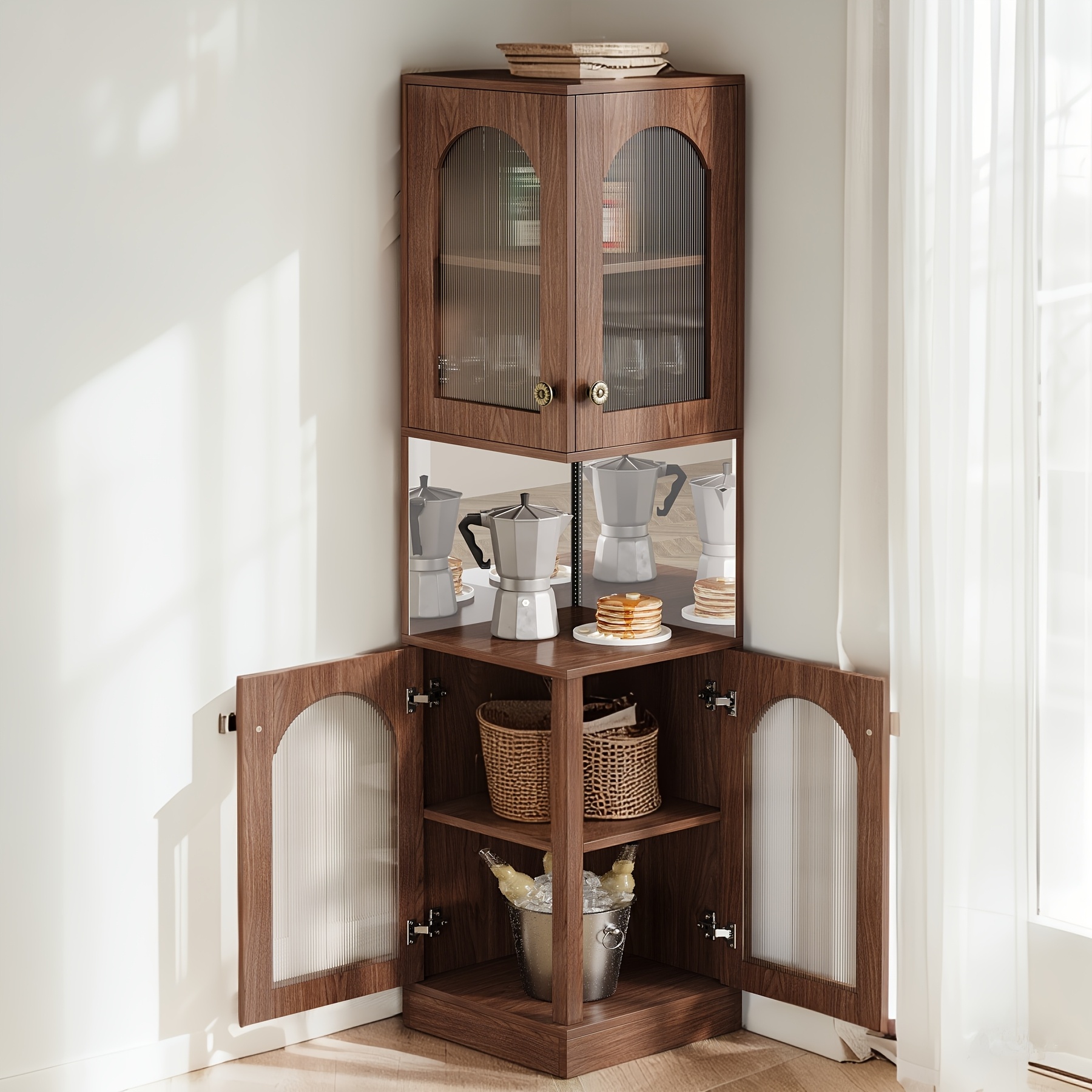 5-Tier Corner Bookcase, 78.7-inch Vintage Display Cabinet, Farmhouse Bookshelf with Doors & Mirrors, Freestanding Storage Rack for Home Office