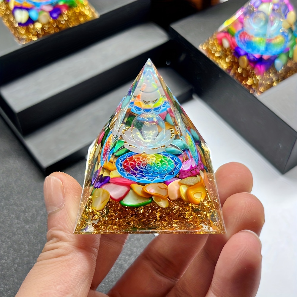 

1pc Handcrafted Crystal Orgone Pyramid With Natural Shell - Sparkling Stone Decor For Home, Office Desk, And Car Interior