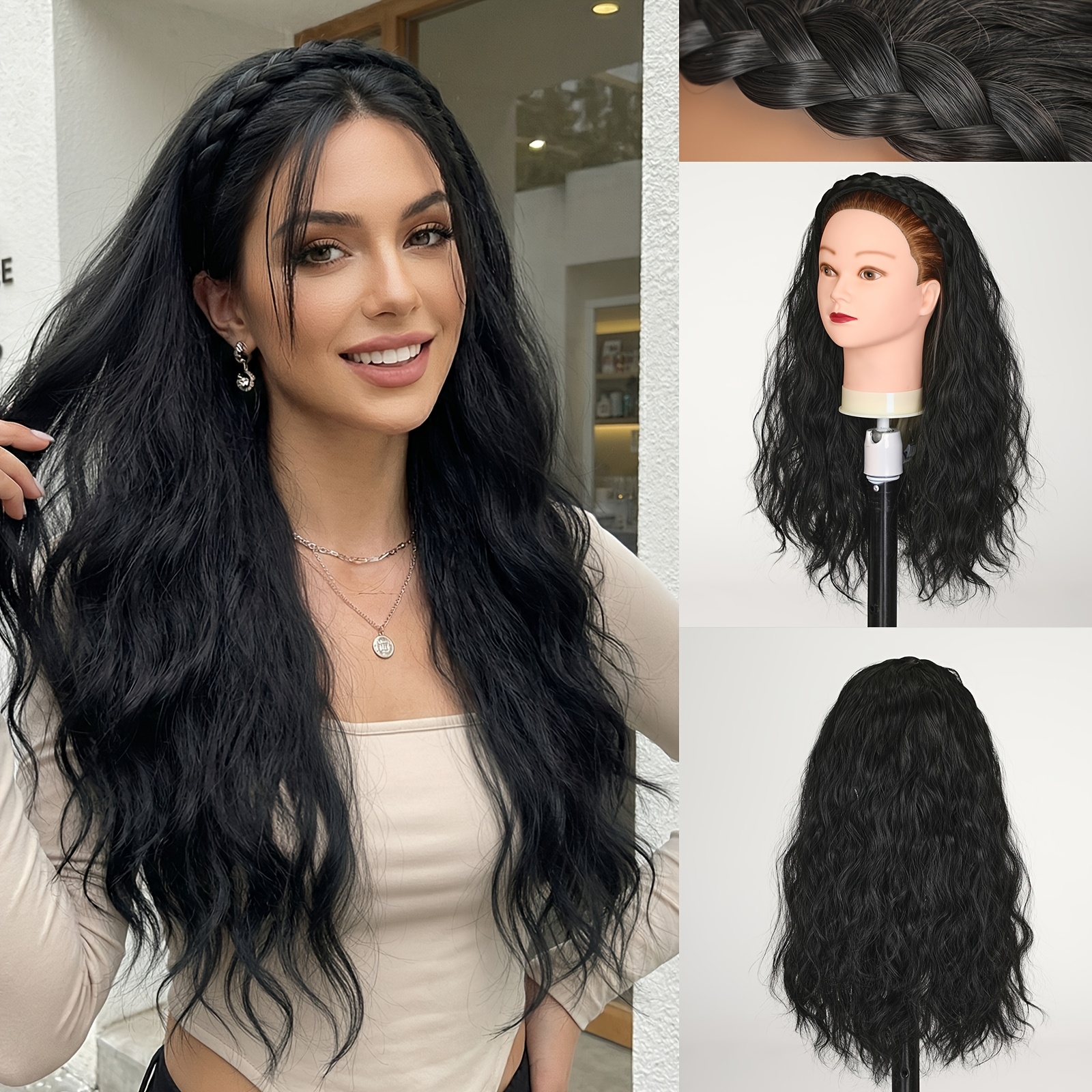 Image of 20 Inch Curly Wave Braid Headband Wig Women's Synthetic Cover Wig Hairpiece Half Wig
