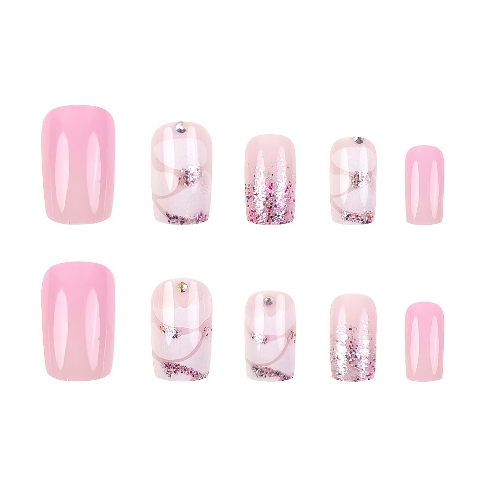 24pcs Medium Square Press On Nails Glossy Gradient System With Rhinestone And Fine Glitter Overlay Artificial Reusable False Nails For Women And