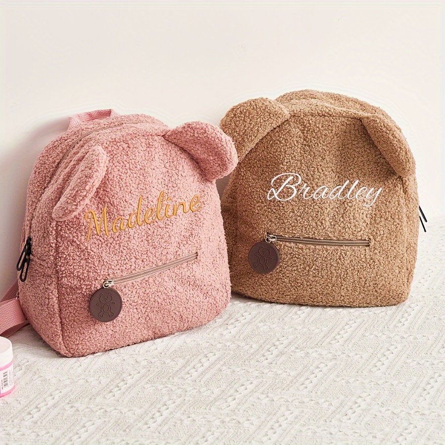 

Customized Name Adorable Embroidered Plush Backpack For Girls, Featuring Cute Bear Design With Fluffy Ears