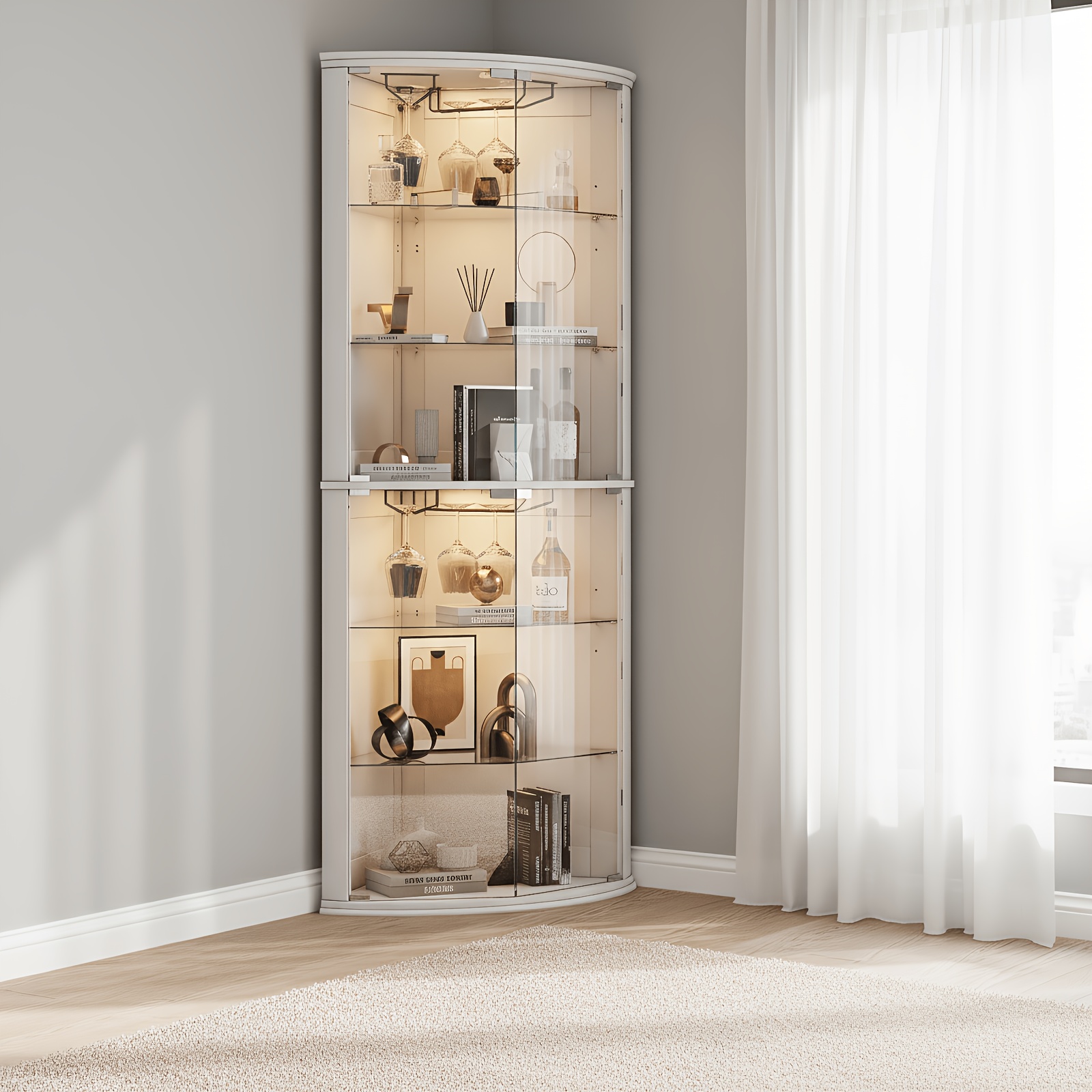 70" Corner Bar Cabinet with LED Lights & 6-Tier Storage