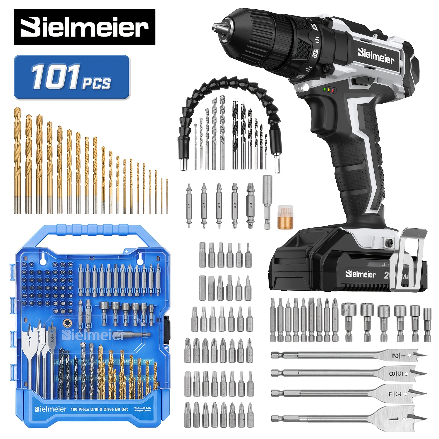 

Bielmeier 20v Cordless Power Drill Driver Set, Combo Kit With Versatile -piece Accessories, 3/8 Inch Chuck, Includes Battery Pack Charger, For Professional Work And