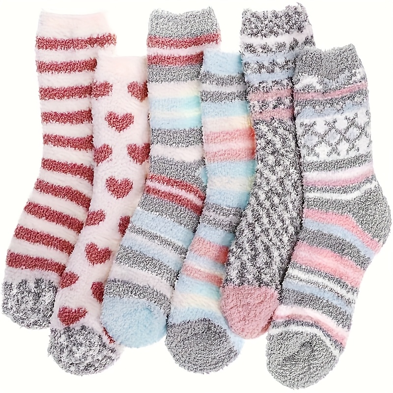 TEMU 6/12 Double Striped Coral Velvet Warm Socks Winter Plush Thickened Floor Socks Pink Cute Sleep Socks