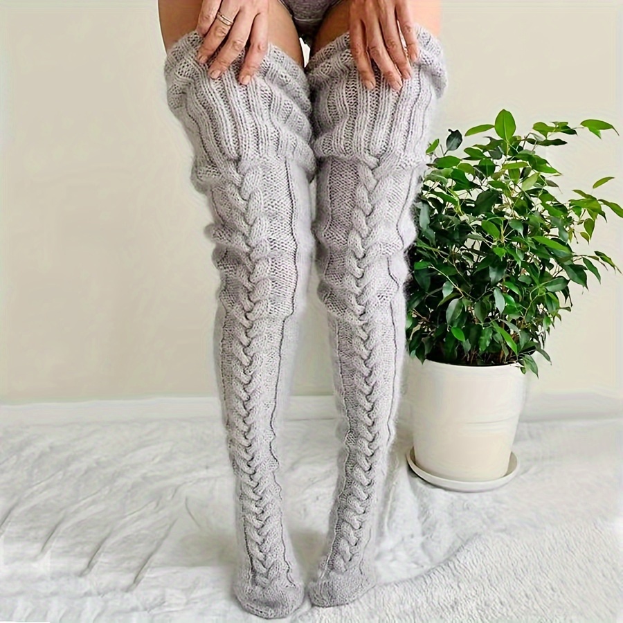 

Cozy Knit Thigh-high Socks For Women - Over-the-knee, Warm & Comfortable Winter Stockings, Solid Color, Acrylic