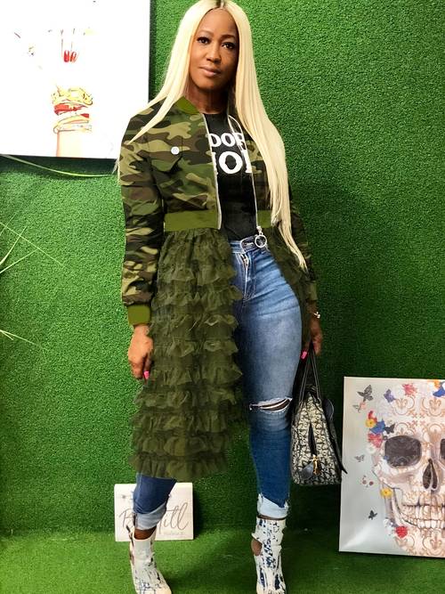trendy womens outerwear featuring a printed zipper and design complemented mesh lace skirt jacket sophisticated coat and autumn style