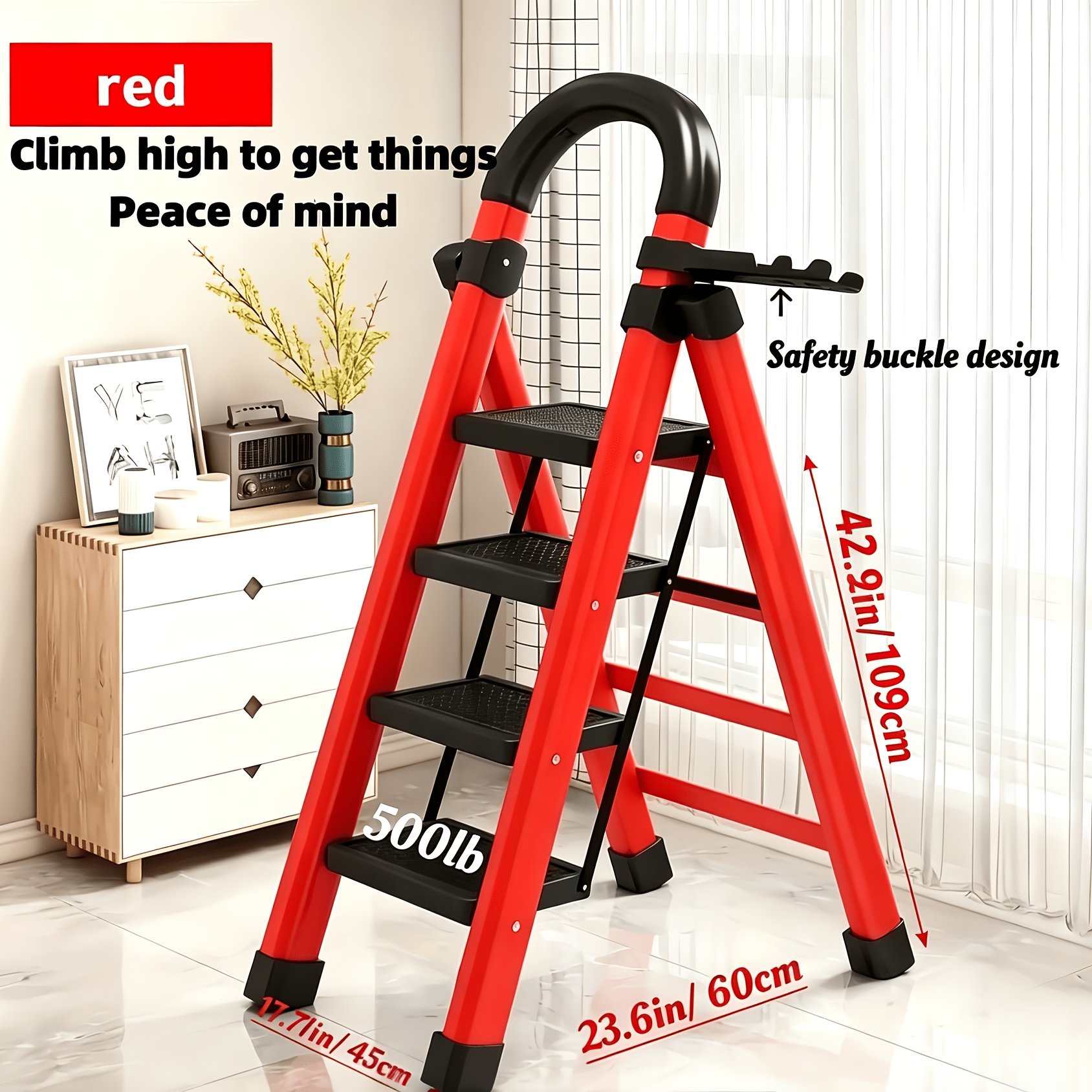 TEMU Heavy-duty 3/4 Step Portable Folding Ladder, 500 Lbs Load Capacity, Durable Plastic Folding Ladder With Non-slip Treads, Lightweight And Easy To