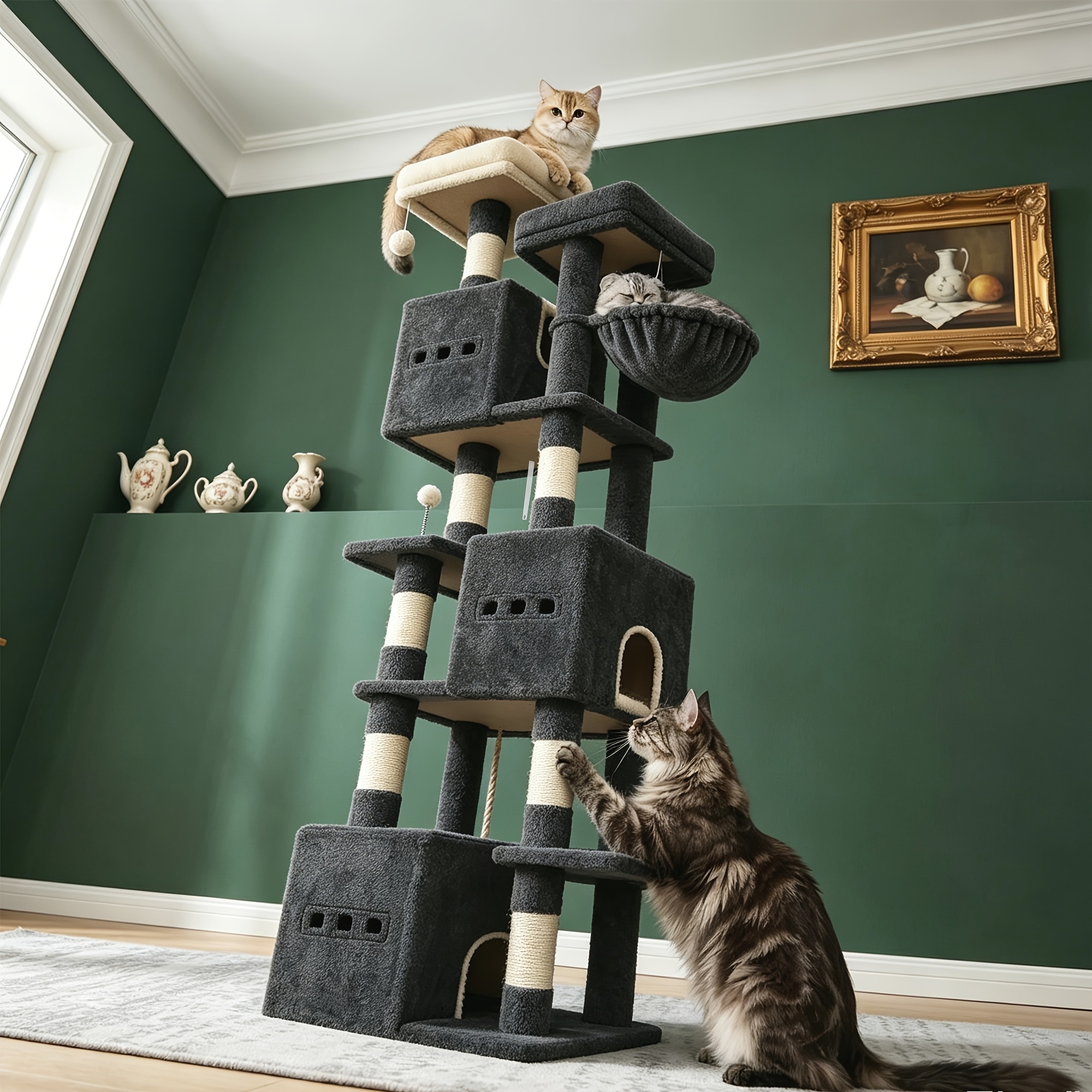 Árbol para gatos grande de interior de 195 cm, estructura de escalada de 7 niveles, 7 p...