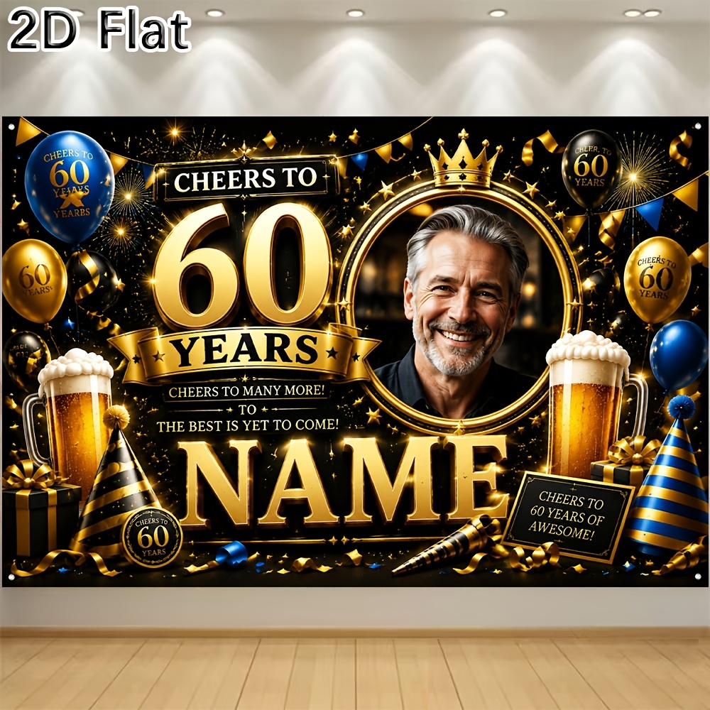 TEMU 2d Flat, 1pc [2d Flat] Banner Customizable 60th Birthday Banner With Photo Frame, Cheers To 60 Years, Personalized Name Age Decor For Men's 60th
