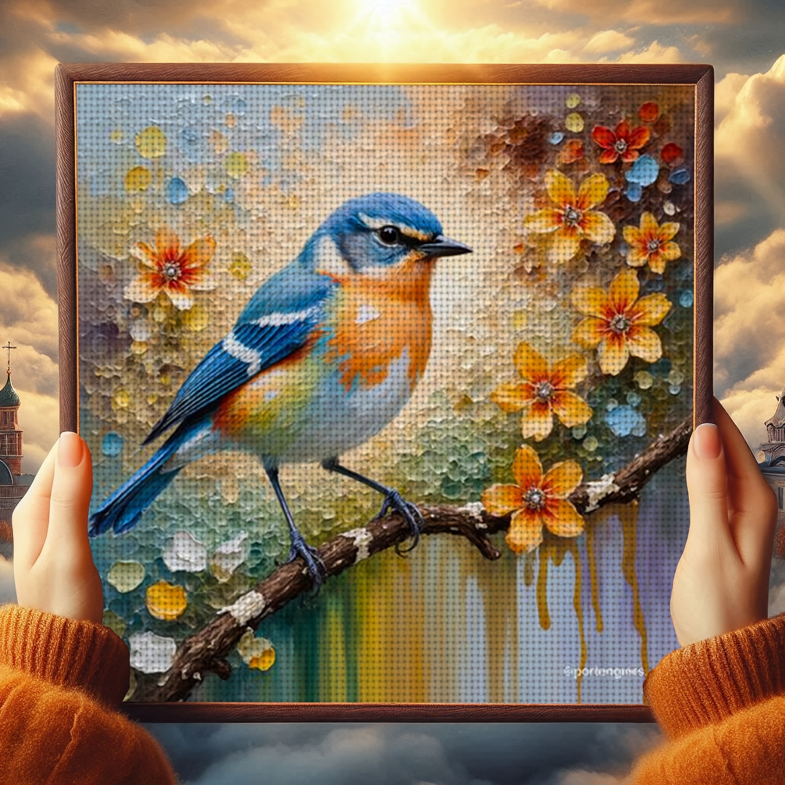 Cross Stitch Kit, Colorful Bird on Branch with Flowers Design