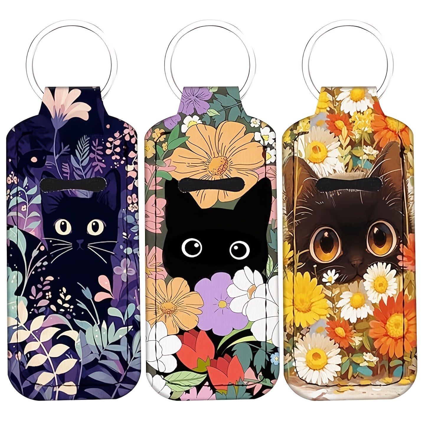 TEMU Set Of 3 Black Cat Print Lip Balm Keychains - Waterproof Neoprene Case, Suitable For Lip Balm And Lip Gloss, Stylish Lip Balm Keychain Bag Charm