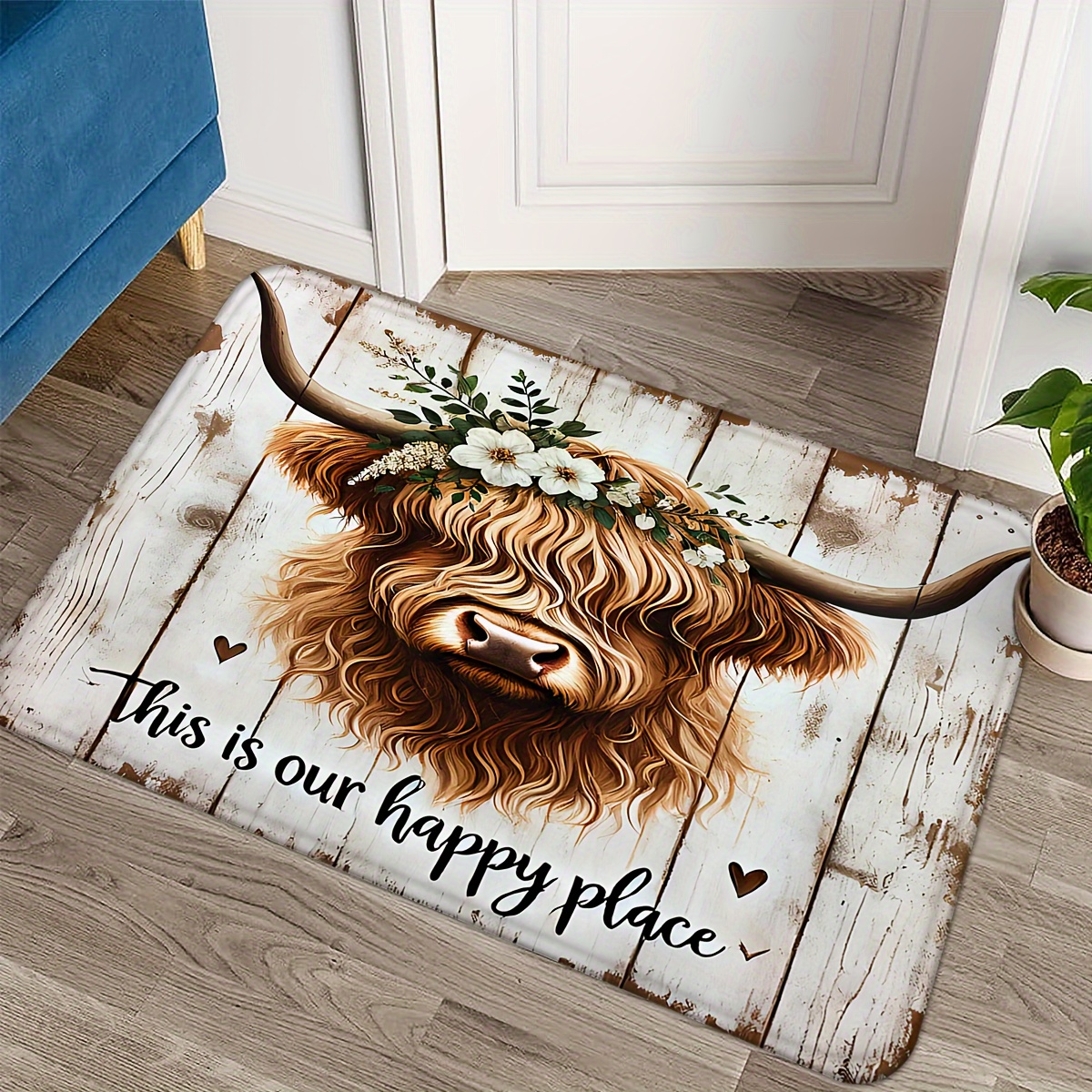 

1pc Rustic Wooden Cow Print Flannel Mat, 1.2cm Non-slip Sponge, Machine Washable, Low Pile Polyester Rug, Fade Resistant, Comfortable Soft Floor Mat For Bedroom, Living Room, Entryway, Garden