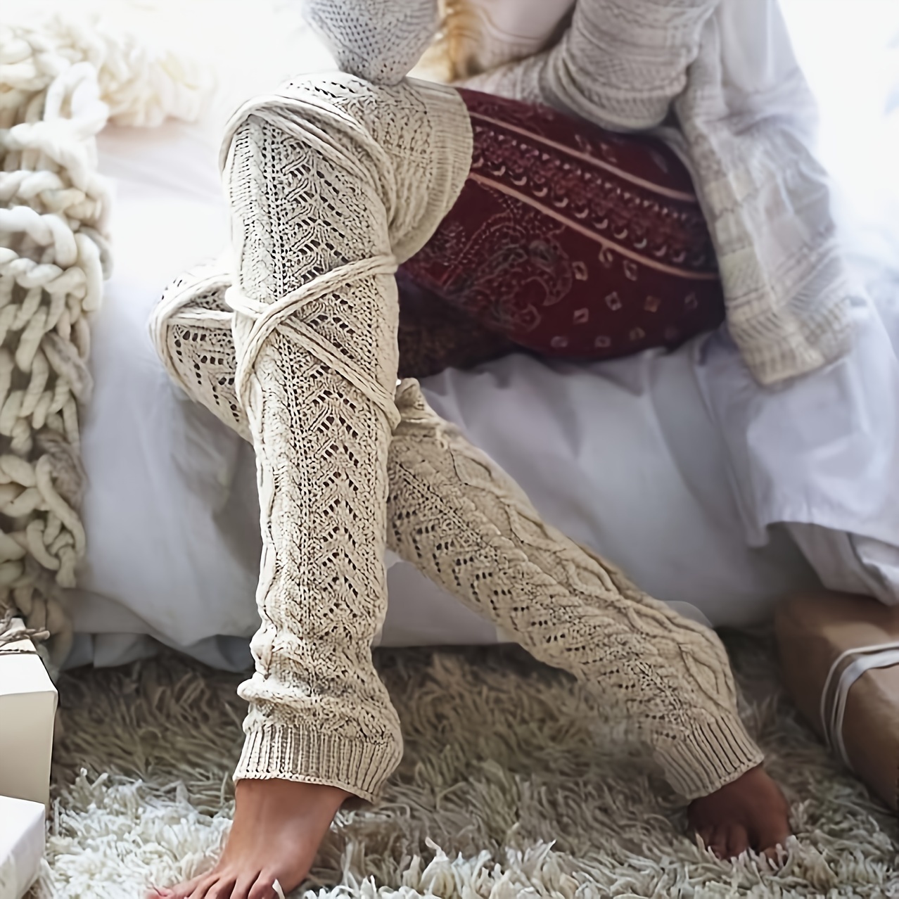 

Plus Size Trendy Leg Warmers, Women's Chunky Knit Bandage Warm Over The Knee Socks For Fall & Winter