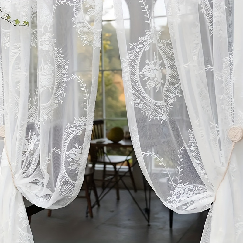 

2pcs Of French Knitted Lace Curtains, Romantic Living Room Balcony Window Screen, Retro Embroidery Flower Finished Door Curtain With Pole