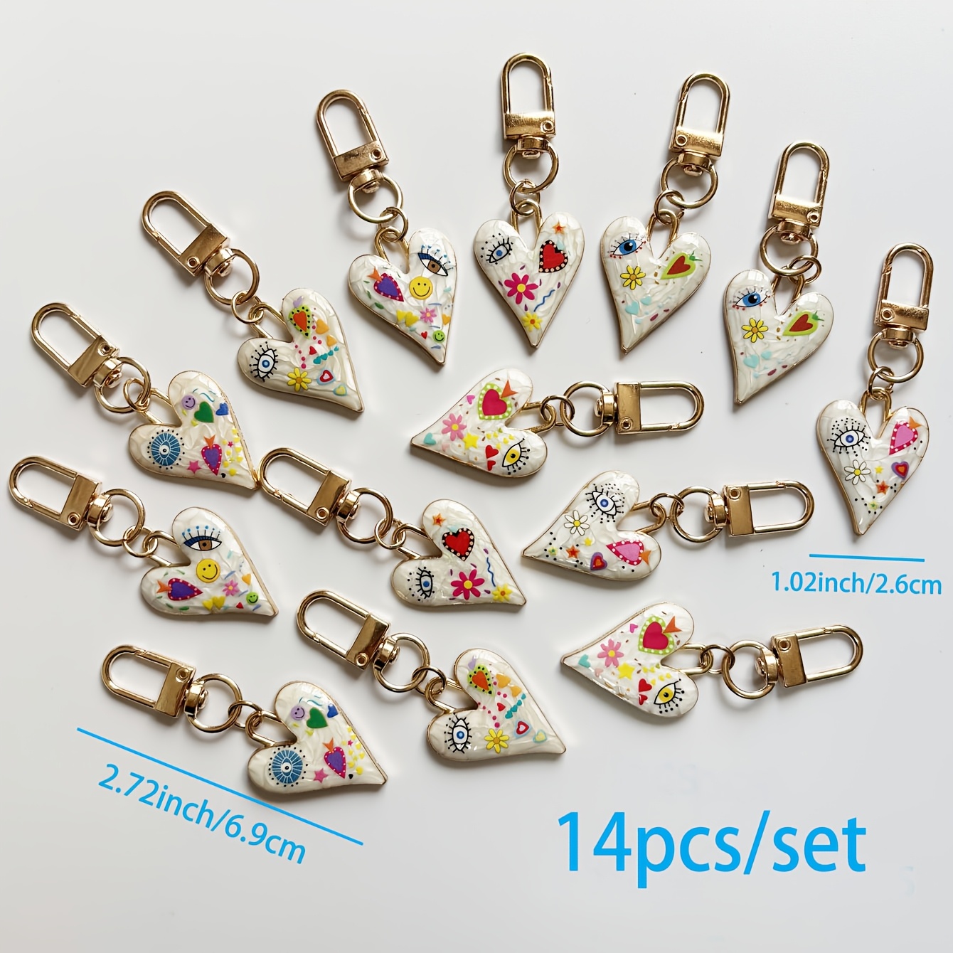 E-shop 14-teiliges Herz-Schlüsselanhänger-Set – Böser Schlüsselanhänger, Dekorativer Zinklegierung Schlüsselanhänger, Kreativer Cartoon-Herz-Anhänger,