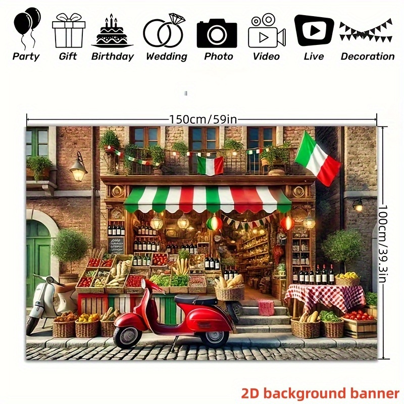 E-shop 1 Stück 2D FLAT Polyester Hintergrundbanner Italienischer Stil Kleine Laden-Themen-Design Partydekoration, Fotohintergründe für Innen- und