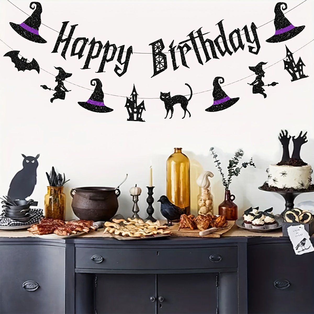 Happy Birthday Halloween Banner, Birthday Flag, Hat Bat Party Decorations For Halloween Background