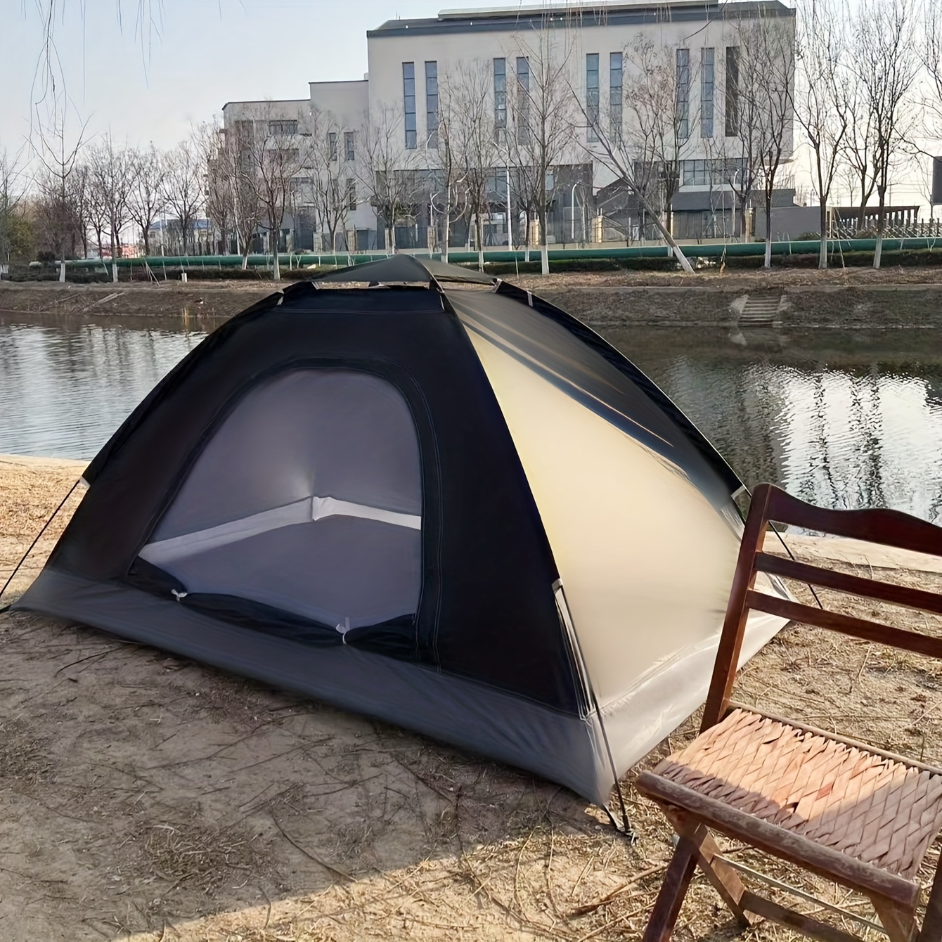 1pc Lightweight Easy Setup Single-Use Tent for Camping, Hiking & Picnics - Waterproof Polyester with Fiberglass Frame, Zipper Closure, Spacious Rectangular Design - Black, Hiking Gear | Sleek Rectangular Tent | Easy Setup Tent, Camping Accessories