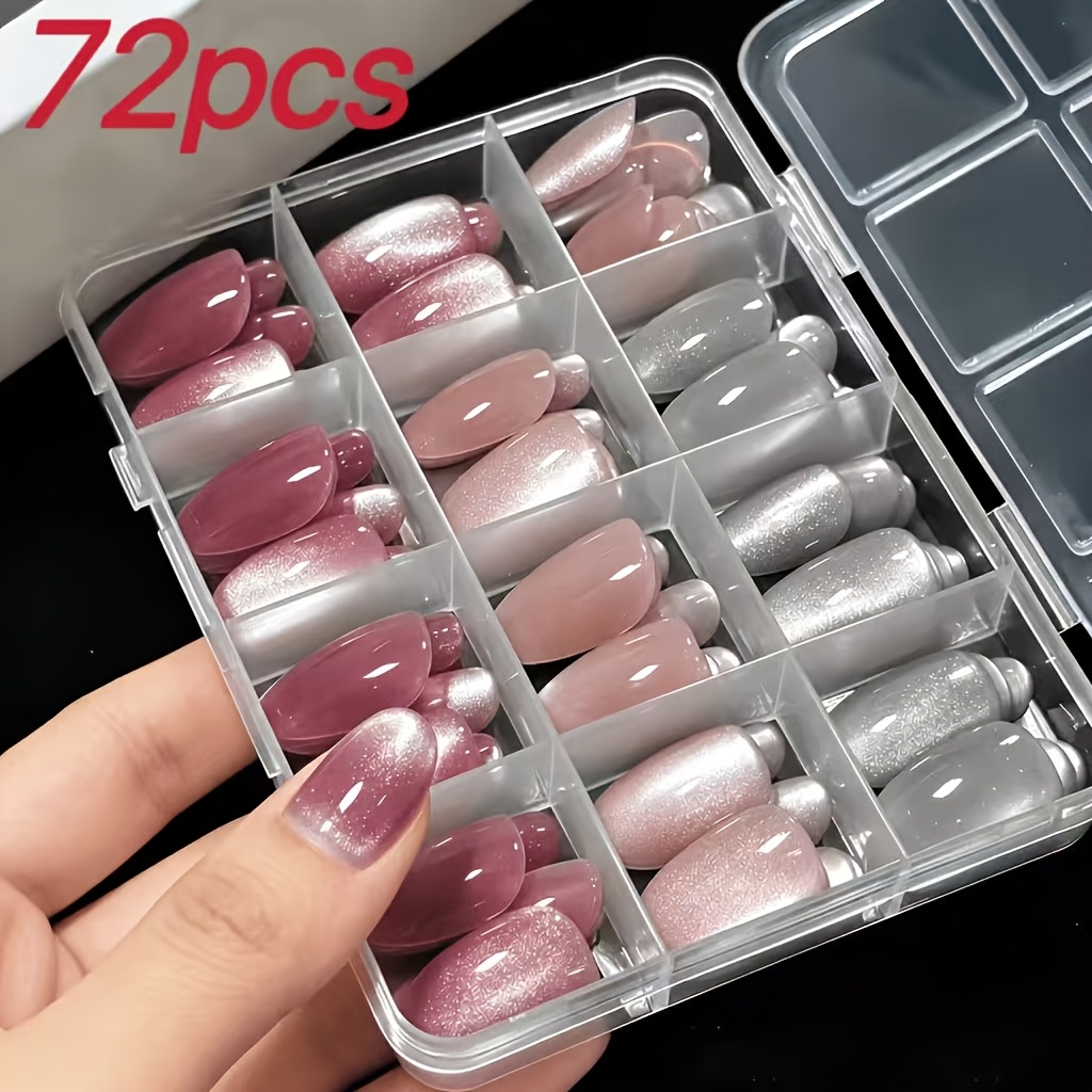 TEMU 72pcs Nude Pink, Red, And Gray Mixed Short Oval Cat Eye False Nails - Fashionable Glitter False Nail Set, Suitable For Nail Salons, Daily Use,