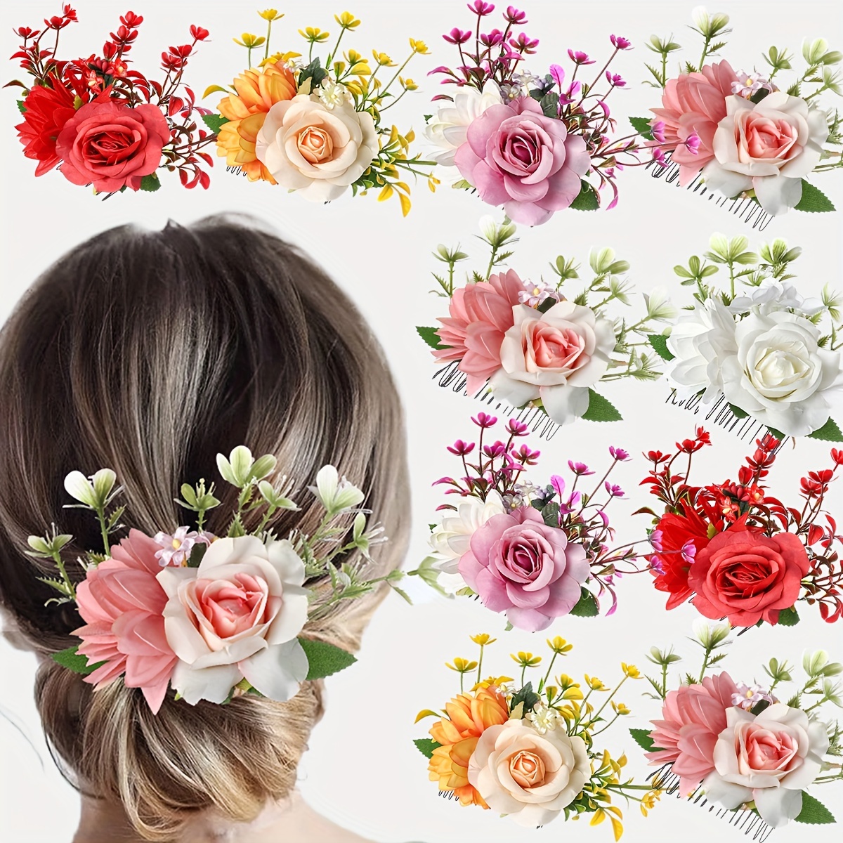 

Yushi Elegant Floral Hair Comb For Women - Rustic Style With Vibrant Artificial Flowers, Scent-free Fabric Hairpin, All Hair Types, Hair Accessories