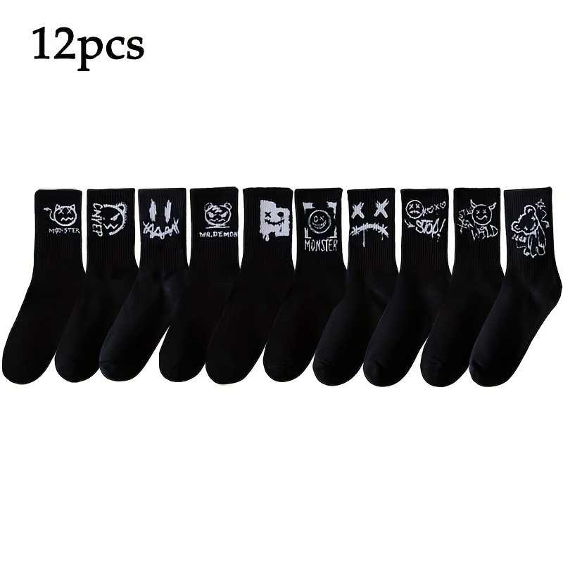 

12pairs, Pattern Men's Compression Mid-calf Crew Socks, Breathable Comfy Casual Socks Sweat-absorbing Fashion Sports For Outdoor Fitness Basketball Running