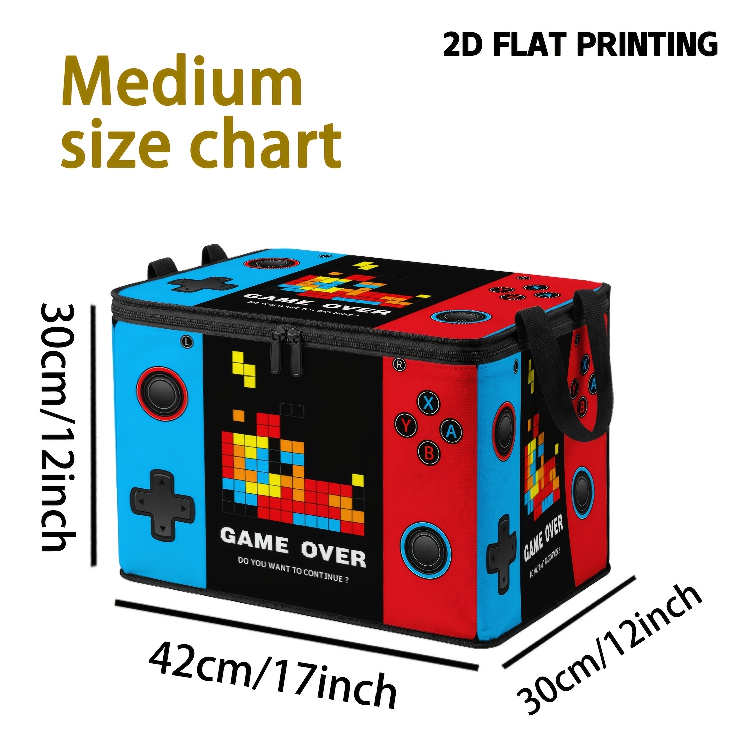 TEMU 1pc Retro Game Controller 2d Flat Print Storage Bin With Lid, Foldable With Handles, , Sticks, Buttons, Pixel Blocks, Red Blue Panels And Game