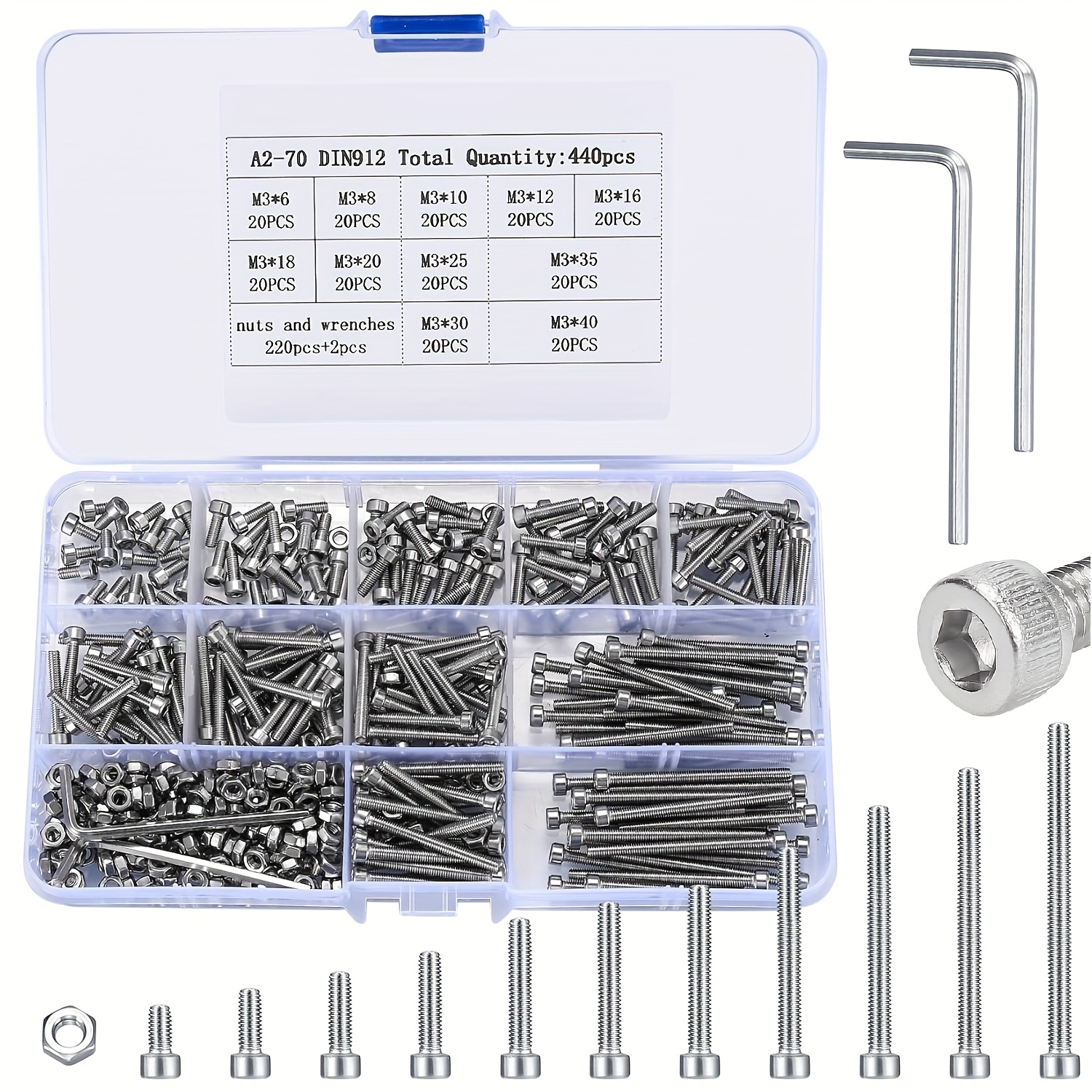 TEMU 440 piezas M3 Tornillos métricos pequeños con tuercas, kits de surtido de tapas y tuercas de cabeza hexagonal, de repuesto de acero inoxidable