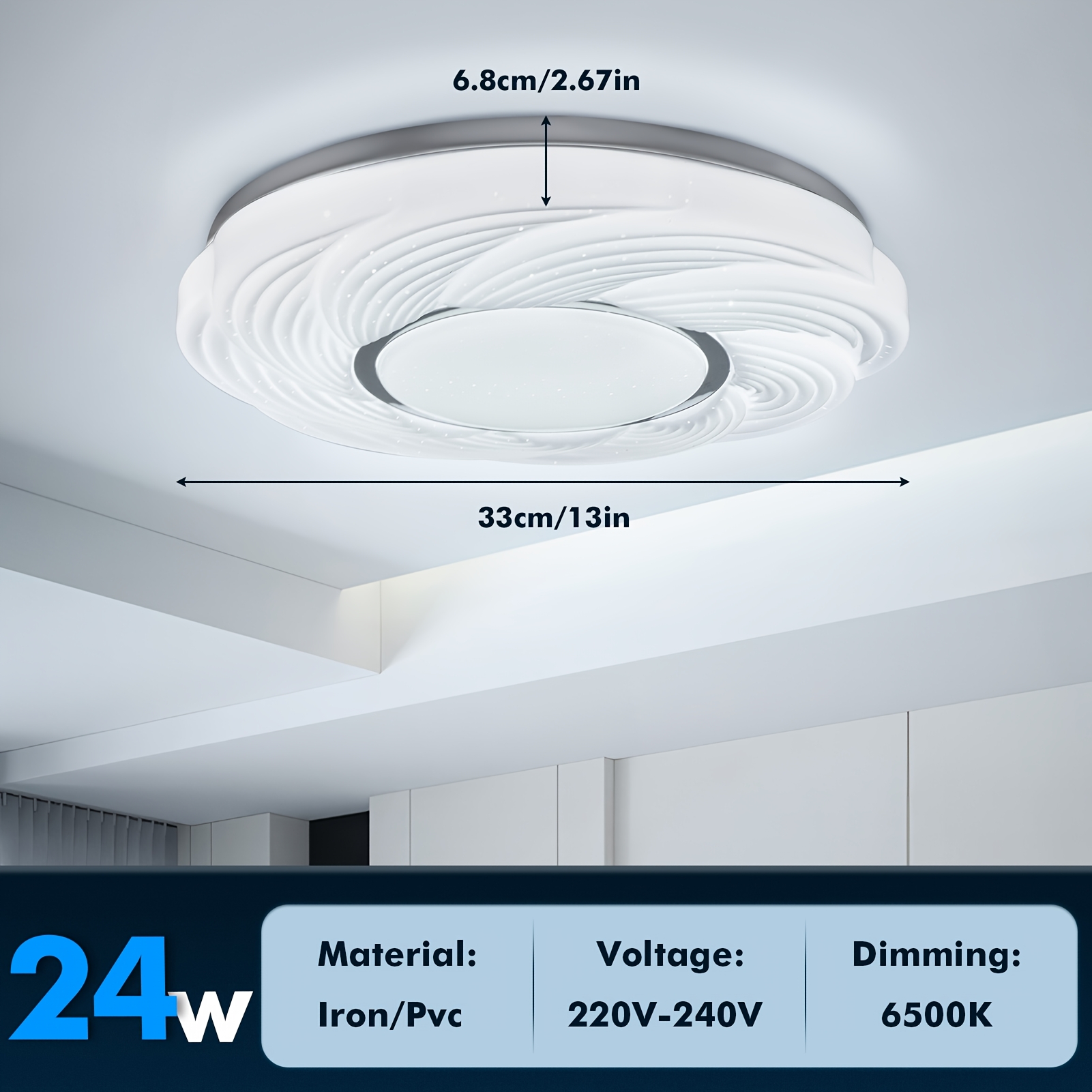 TEMU 24w Cool White Led Ceiling Light, 1-pack, Cream Style, For Bedroom, , Round Shape With Starry Pattern.