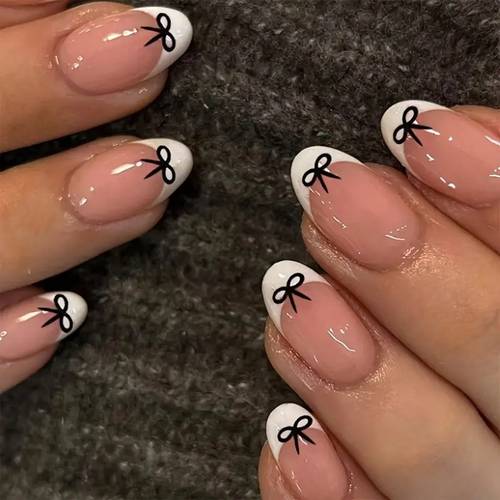 24pcs short oval on nails white glossy tips with cute black nail file and jelly