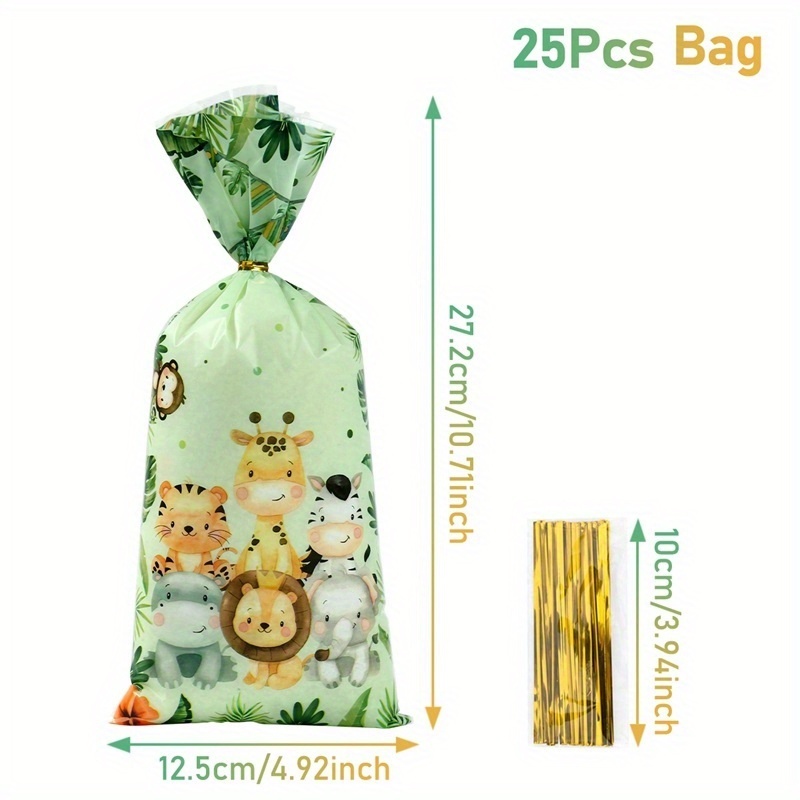 25pcs, Jungle Animal Baby Shower Gift Bags, Jungle Animal Birthday Party Decorations Bags, Animal Print Birthday Goodie Bags With Golden Twist Ties, Birthday Party Supplies