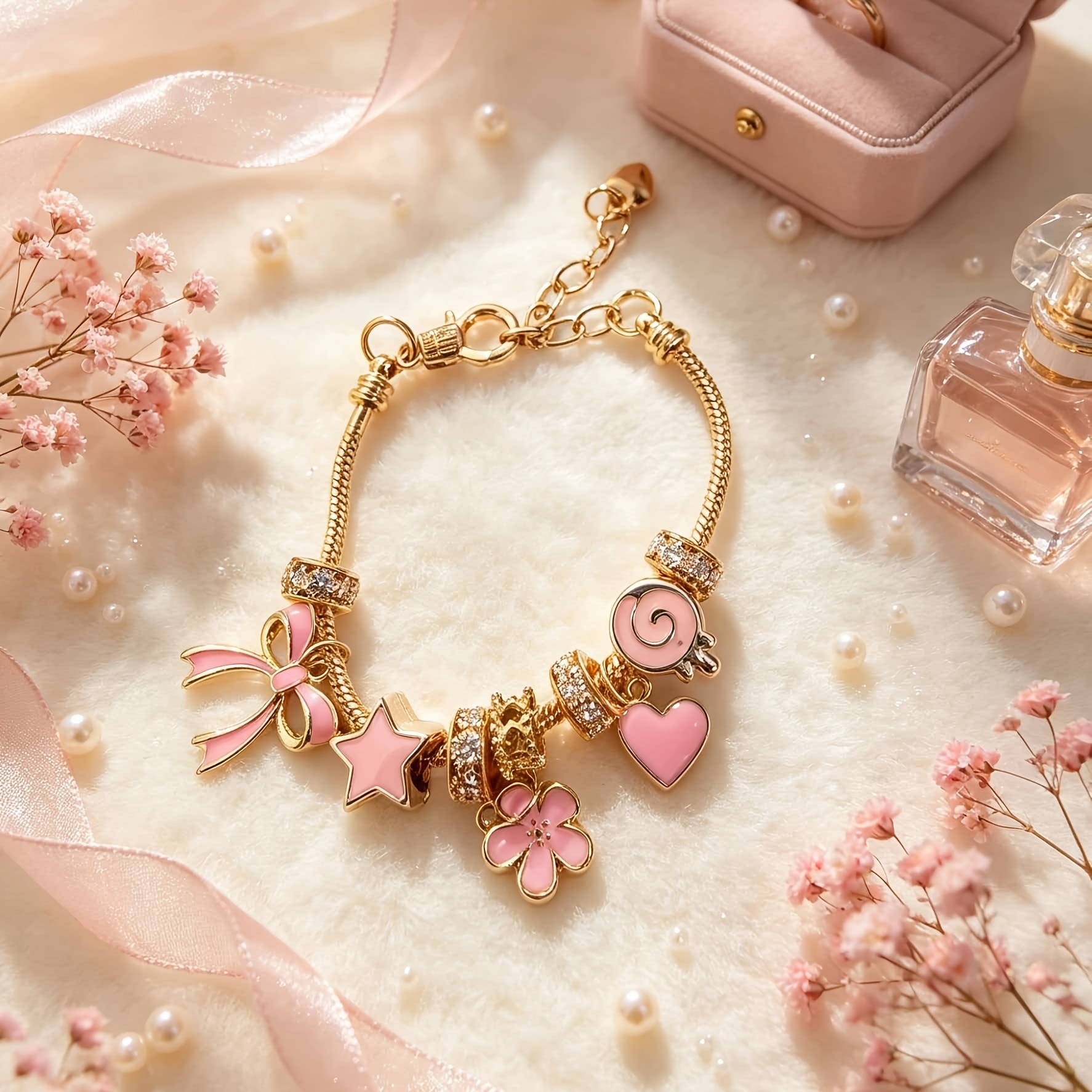 TEMU Bracelet de perles rose doux, pendentif cœur de fleur nœud, bijou de main, cadeau pour filles, bracelet ajustable polyvalent