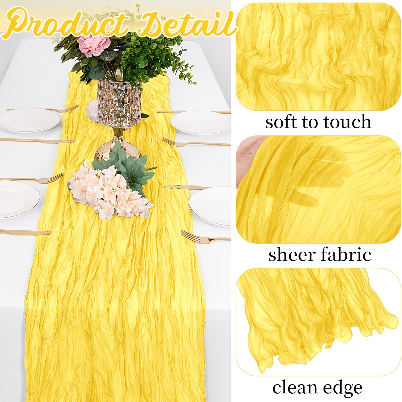 Image of 10ft Lemon Yellow Cheesecloth Table Runner - Pure Lemon Yellow Sheer Gauze Cloth Suitable For Wedding, Baby Shower, Birthday Party Decor, Easter Table Setting - No , For Long Dining Tables