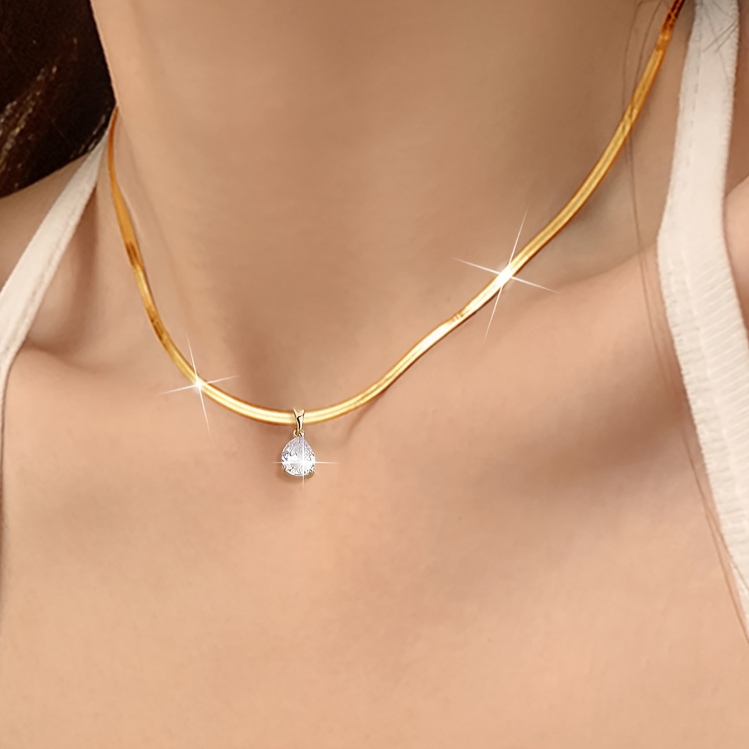 

1pc Water Drop Shine Zircon Pendant Necklace Elegant Style Stainless Steel Blade Chain Necklace Jewelry