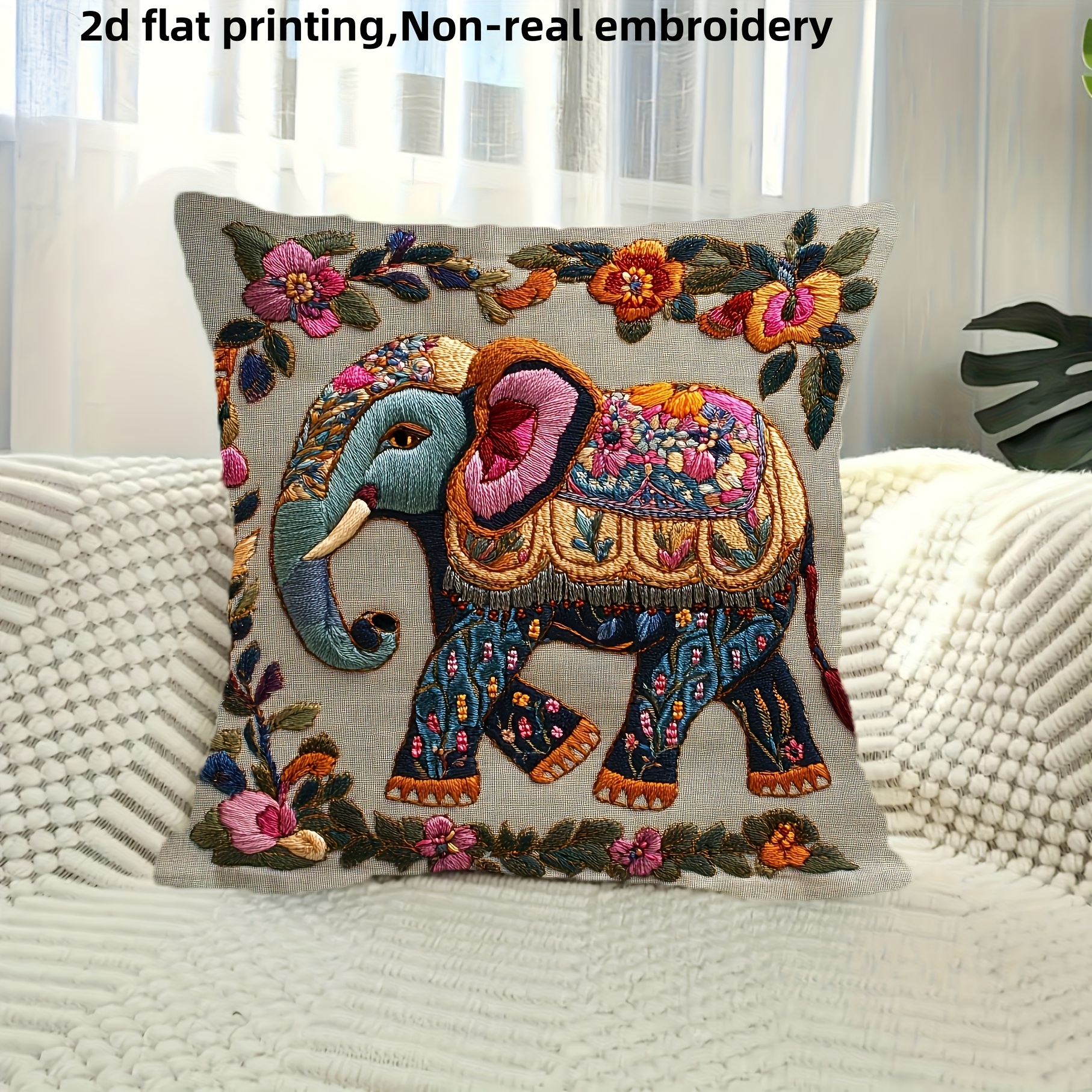TEMU 1pc, Elegant Polyester Short Plush Pillowcase, 18x18 Inches, Imitation Embroidery, Single-sided Print, Zipper Closure, Machine Washable,