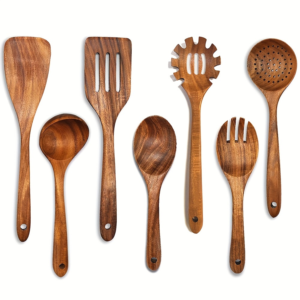 TEMU 7pcs Set Of Wooden Cooking Utensils, Including Wooden Spatulas And Wooden Spoons, Kitchen Utensils Set, Kitchen Utensils