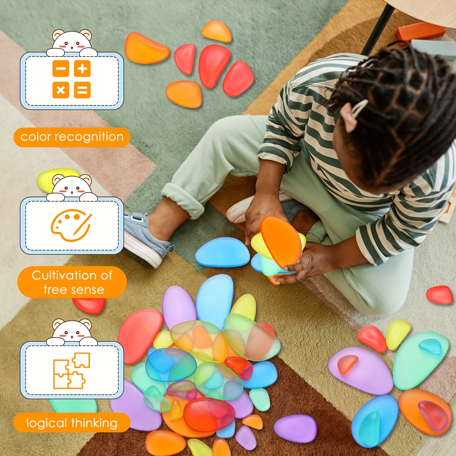 144pcs Rainbow Stacking Stones Colorful Pebbles Sorting And Stacking Stones Light Table Accessories Manipulatives Educational 6 Colors