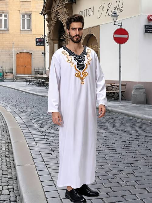 Men s Middle Eastern Saudi Robe - Elegant Long-Sleeved Arab Robe with Collar and Stylish Printed Design, Loose Fit , Material, Traditional Saudi Men s Sleepwear, Cultural Apparel Suitable for for Formal