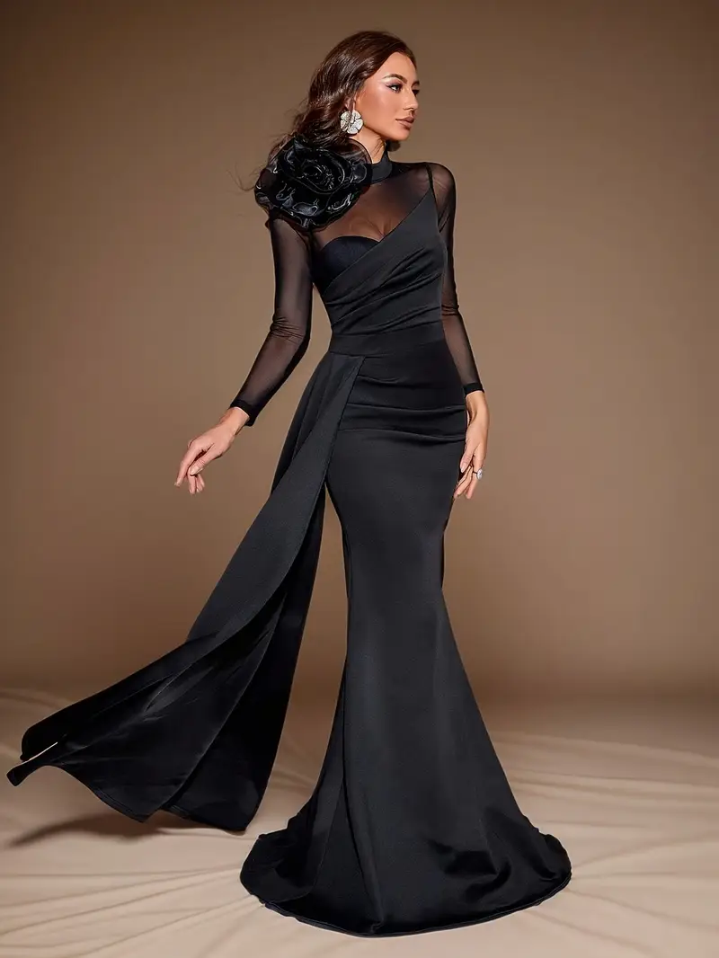 long sleeve wedding guest dresses petite Modelyn White Elegant Lace Long Sleeve Stand Collar Slim Fit High Waist Flared A-Line Wedding Guest Dresses Women Maxi Party Formal Gowns,Petite M