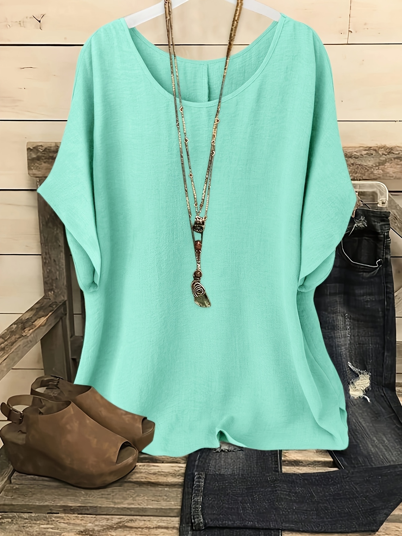Plus Size, Plus Size Women's Casual Summer Batwing Sleeve Blouse - Olive Green Solid Color Round Neck Short Sleeve Shirt, Machine Washable & Dry Cleanable, Elegance Collection