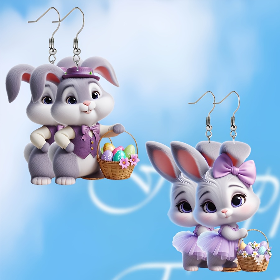 

Easter Bunny And Egg Acrylic Earrings - Cute Cartoon Rabbit Dangle Jewelry With Pastel Egg Basket Design, Party Wear Or Gifts, Rabbit Accessories