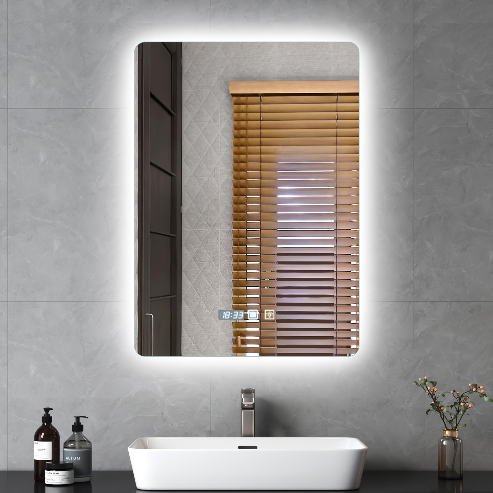 TEMU Smart Led Bathroom Mirror 50 Times 70cm, Wall Mounted Backlit Mirror With & Digital Clock, 3 Color Dimmable Makeup Vanity Mirror, Smart Touch
