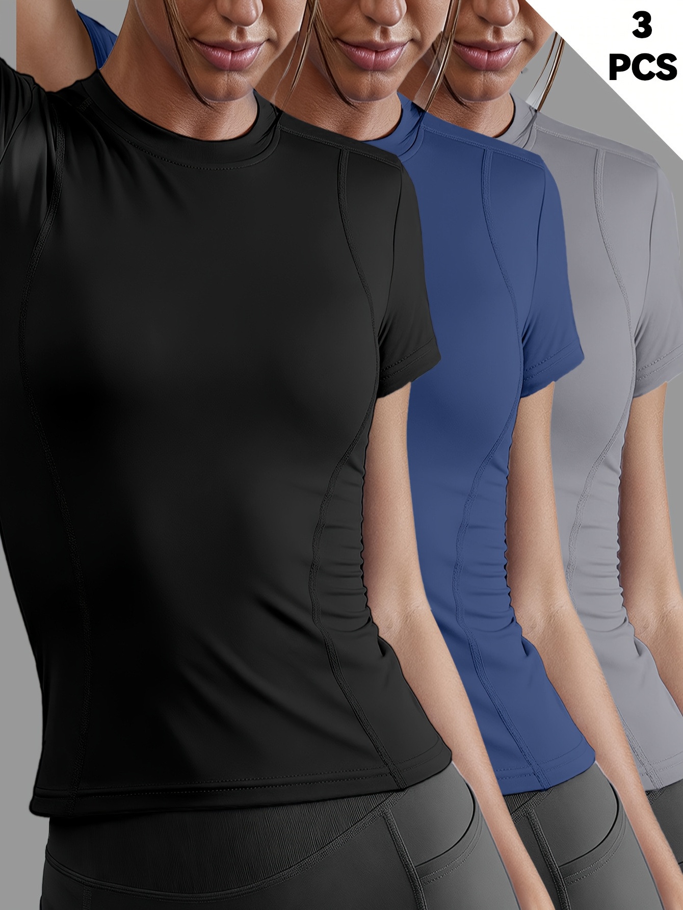 3pcs Set Women's Quick-Dry Short Sleeve Easter New Solid Color Yoga Outfit, Waist-Cinching Design, Suitable for Cycling,