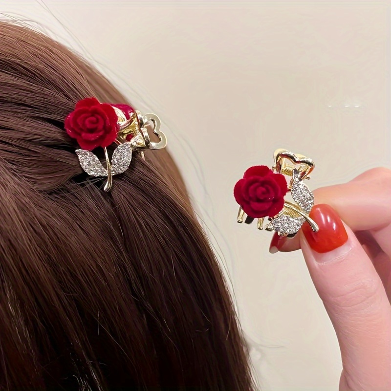 

2pcs Sparkling Rhinestone Rose Flower Decorative Small Hair Grab Clip Elegant Hair Clip Stylish Hair Accessories For Women And Girls