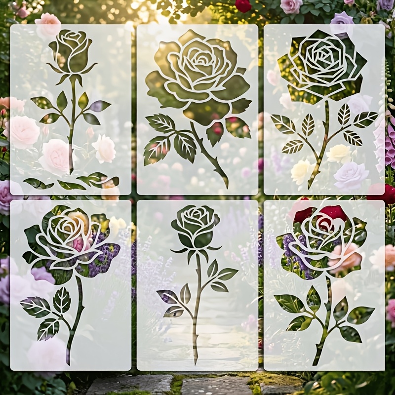 TEMU 6pcs Rose Flower Stencents Suitable For Diy Crafts, Fabric, Canvas, Wood Wall Art, Journals & Furniture Decor - Pet Plastic Templates With Pet