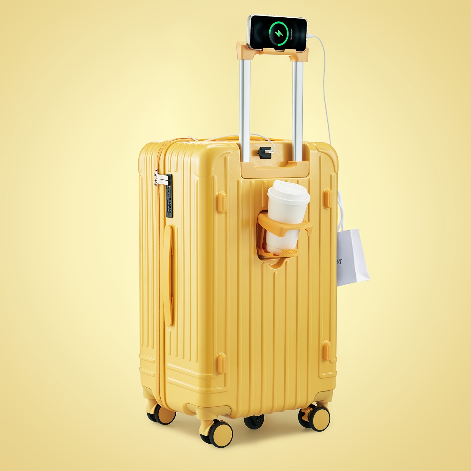 Versatile Light * Suitcase with *, USB Charging Port, Cup Holder, Hook, *° Rotating Wheels, * ABS+PC Hard Shell, Zipper Closure - Ideal for * *