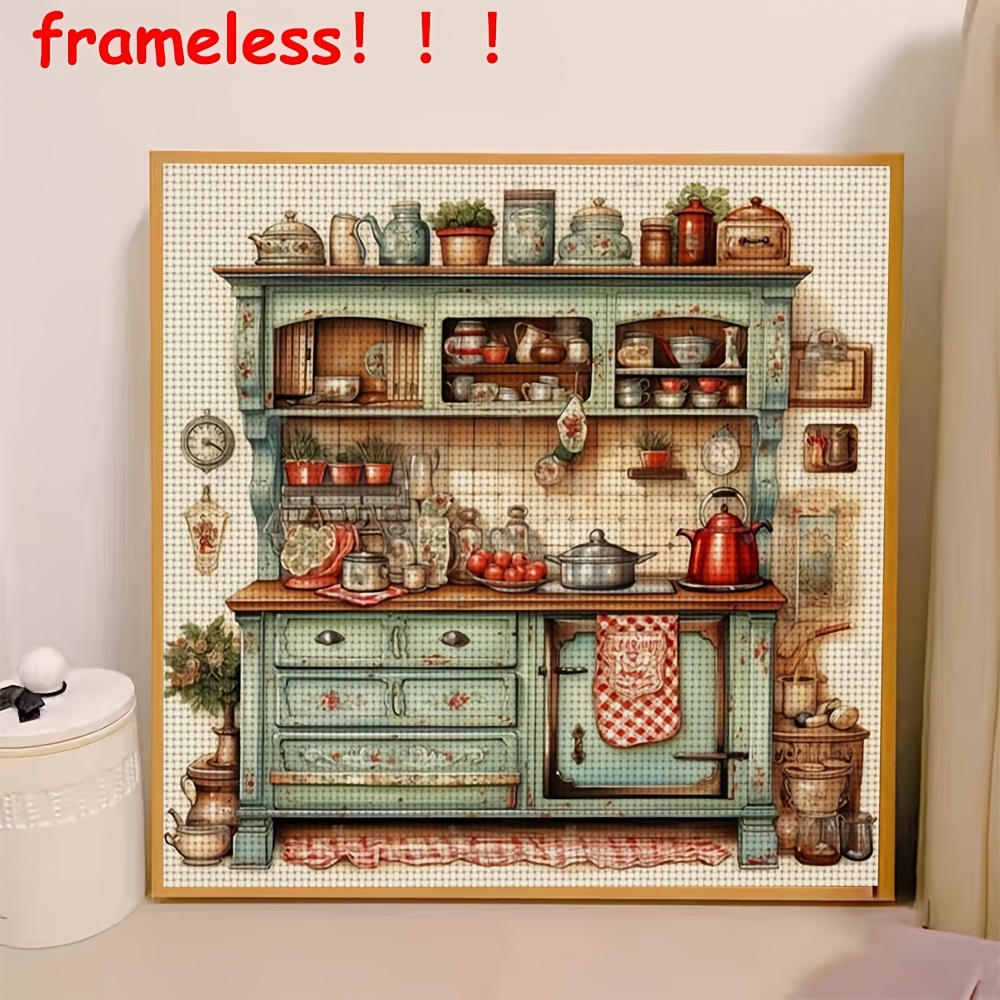 TEMU 1 Juego de Kit de Bordado de Punto de Cruz DIY Sin de 11CT - Armario de Cocina Vintage en Color Verde con Platos, Tetera, Plantas, de Decoración