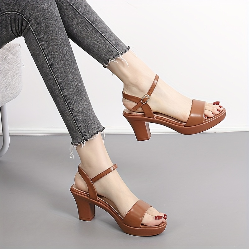womens brown chunky heeled sandals for summer featuring a   and versatile design with a single strap and round toe in a european and   women shoes details 3
