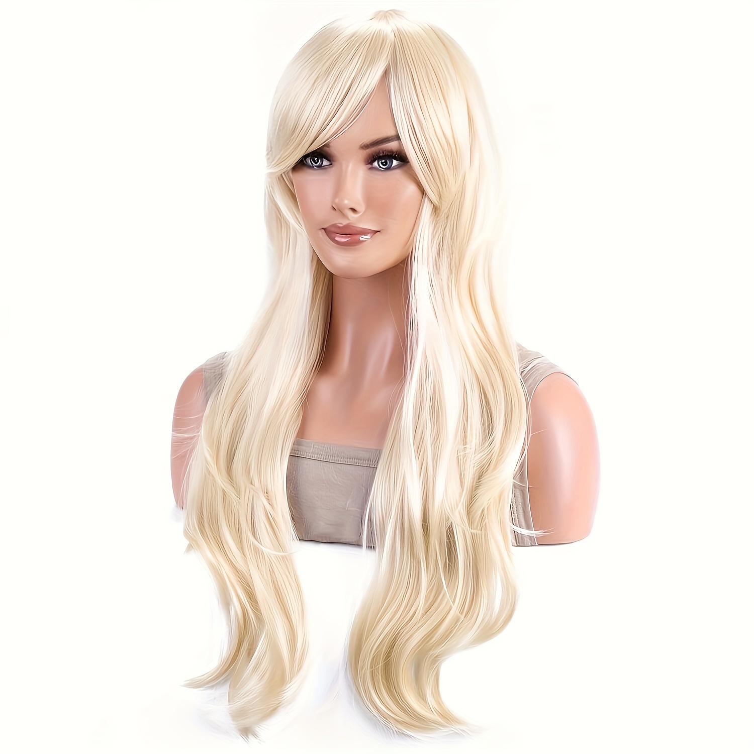 TEMU Light Blonde Long Curly Wavy Wig With Bangs Synthetic Wig Costume Wig For Party Music Festival