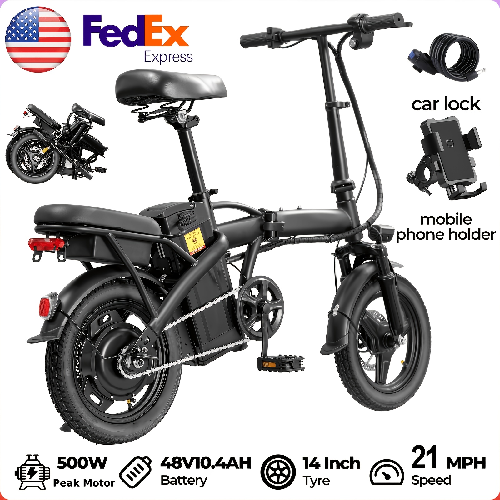 14 Inch Folding Electric Bike with 500W Motor, Portable Commuter Bicycle, Speeds 15-24 MPH